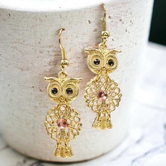 Gold Owl Drop Earrings - Picture 1 of 4